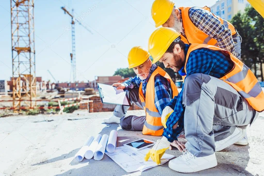 Bauarbeiter auf einer Baustelle mit Kran im Hintergrund