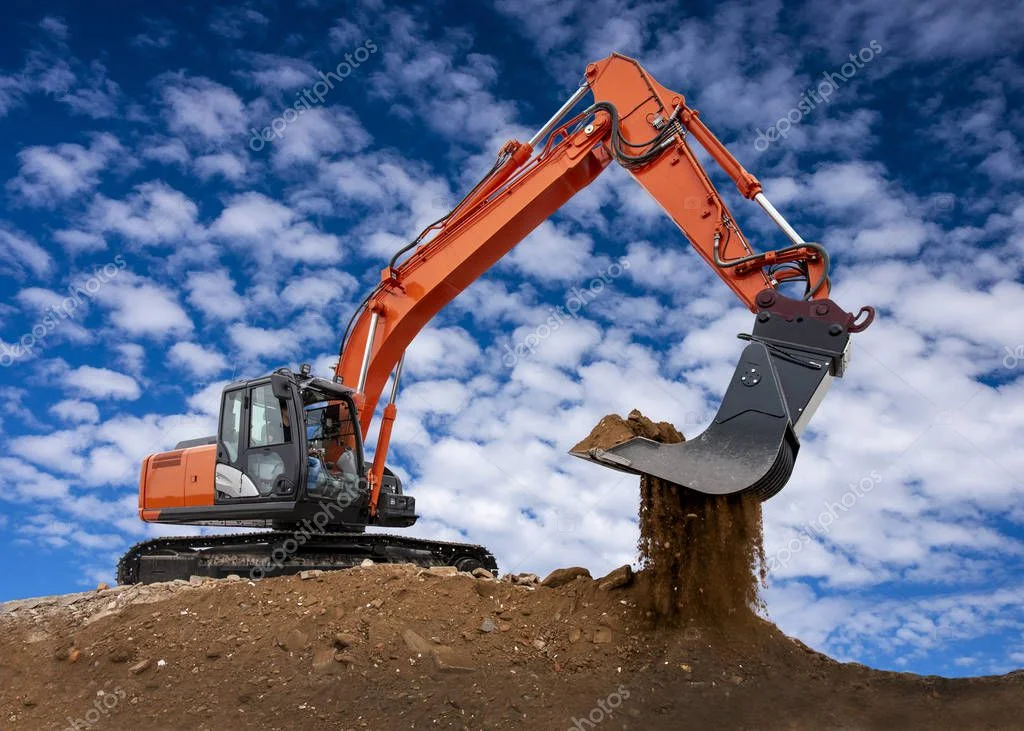 Baumaschinenführer mit Bagger auf der Baustelle